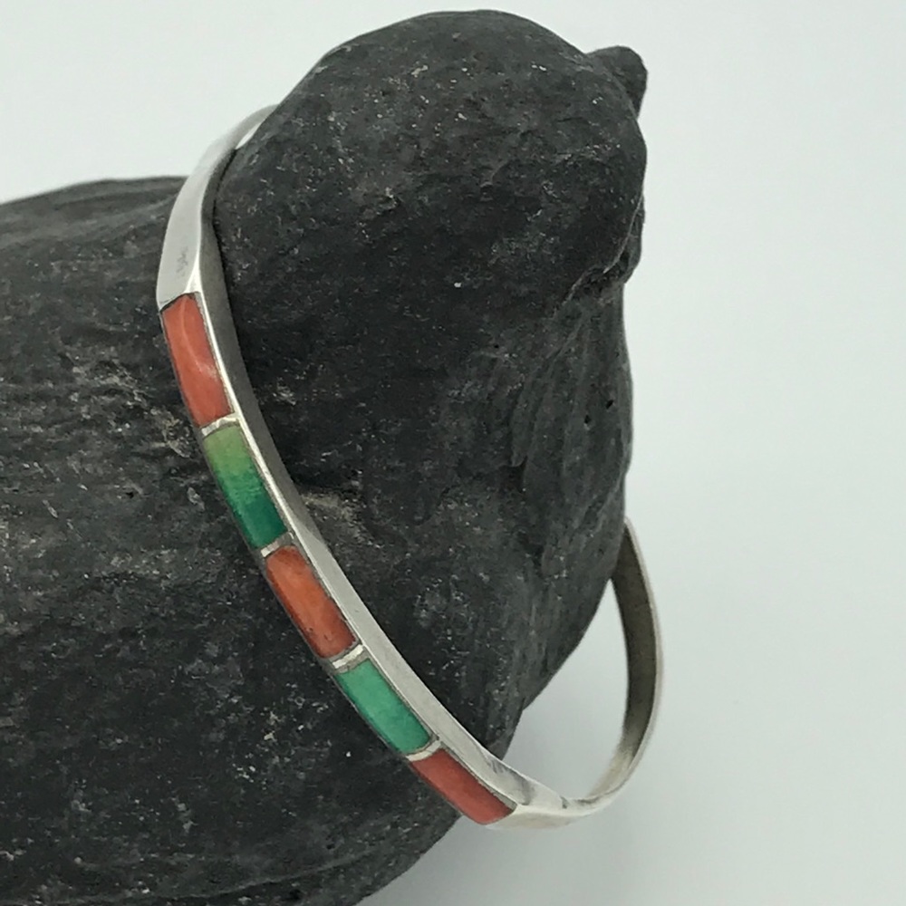 Sterling coral & green turquoise slender cuff